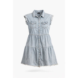 VICI Womens Chambray Denim Mini Dress Pearl Snap Front Ruffle Tiered Sz S